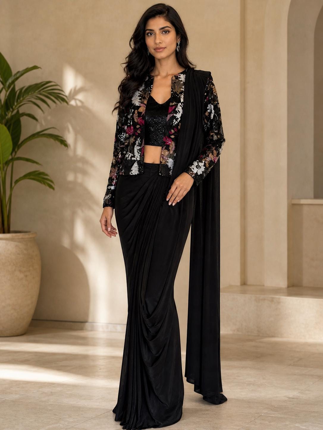 Black Lycra Pre-Draped Saree with Sequin Blouse & Net Jacket