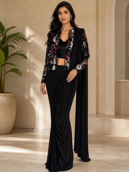 Black Lycra Pre-Draped Saree with Sequin Blouse & Net Jacket
