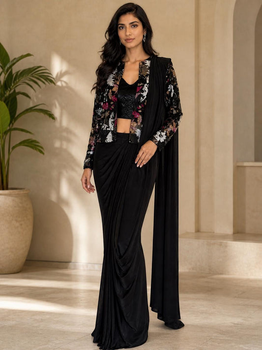 Black Lycra Pre-Draped Saree with Sequin Blouse & Net Jacket