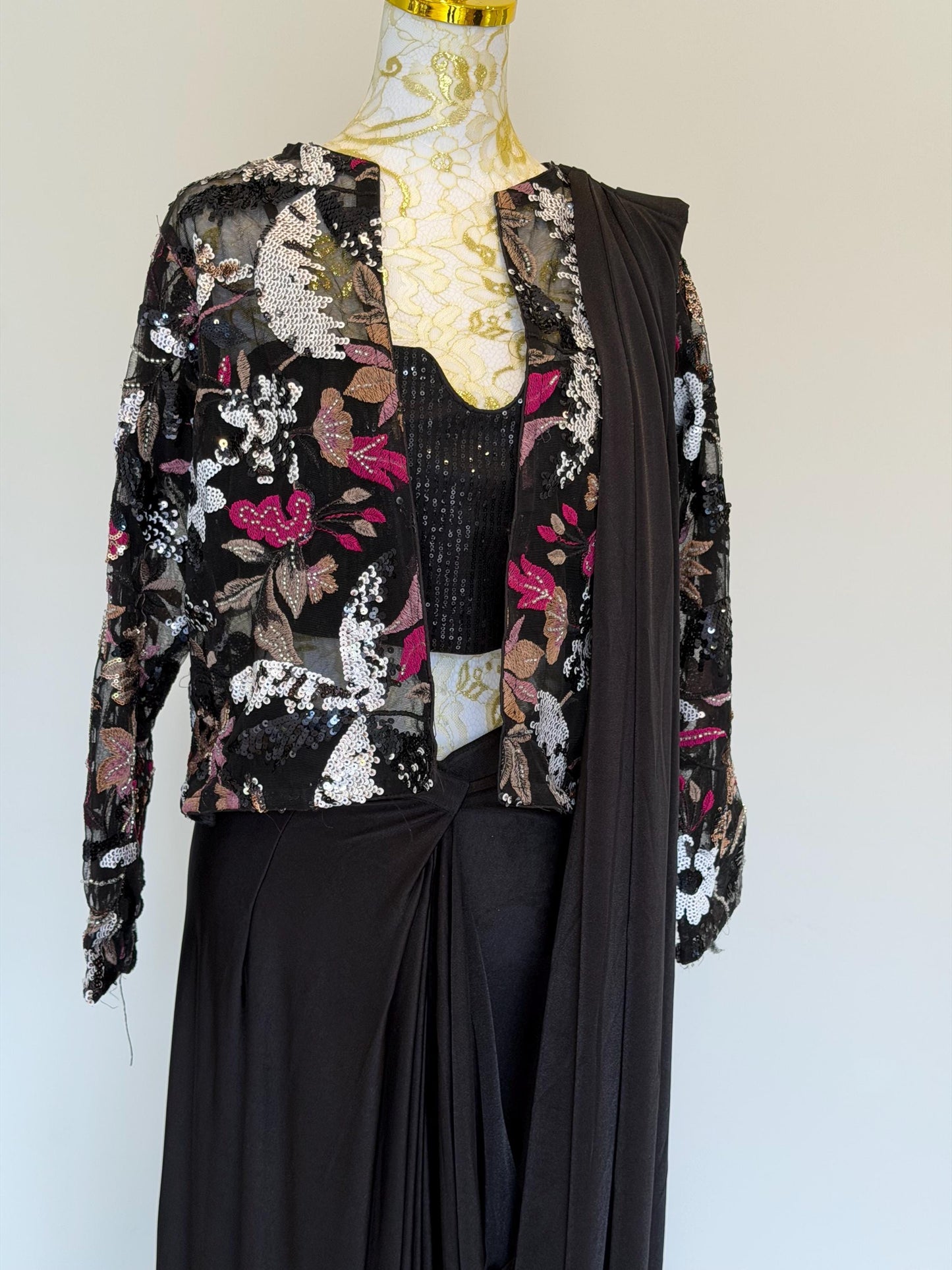 Black Lycra Pre-Draped Saree with Sequin Blouse & Net Jacket