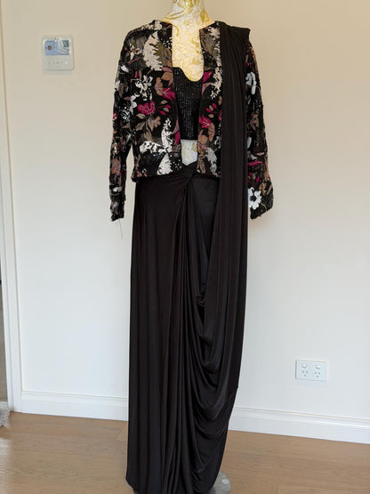 Black Lycra Pre-Draped Saree with Sequin Blouse & Net Jacket