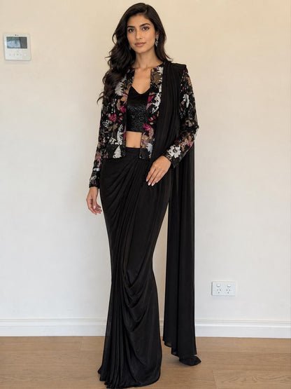 Black Lycra Pre-Draped Saree with Sequin Blouse & Net Jacket
