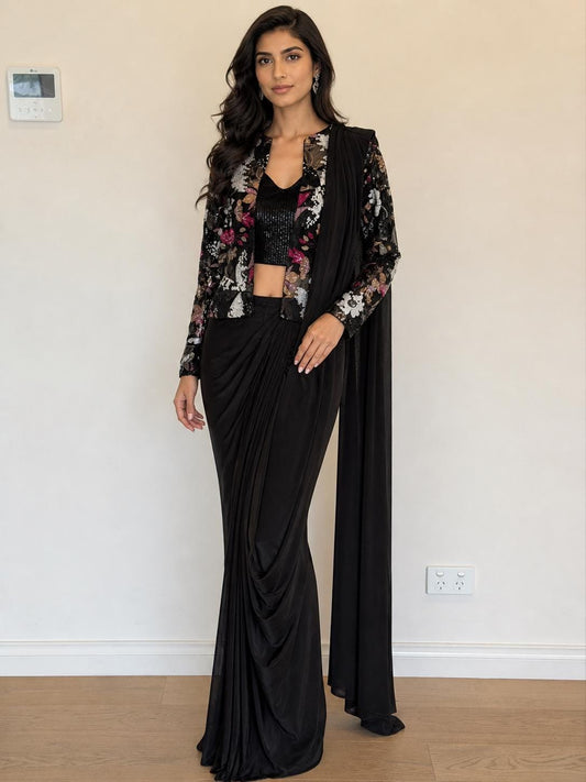 Black Lycra Pre-Draped Saree with Sequin Blouse & Net Jacket