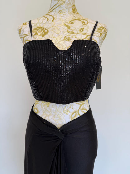 Black Lycra Pre-Draped Saree with Sequin Blouse & Net Jacket