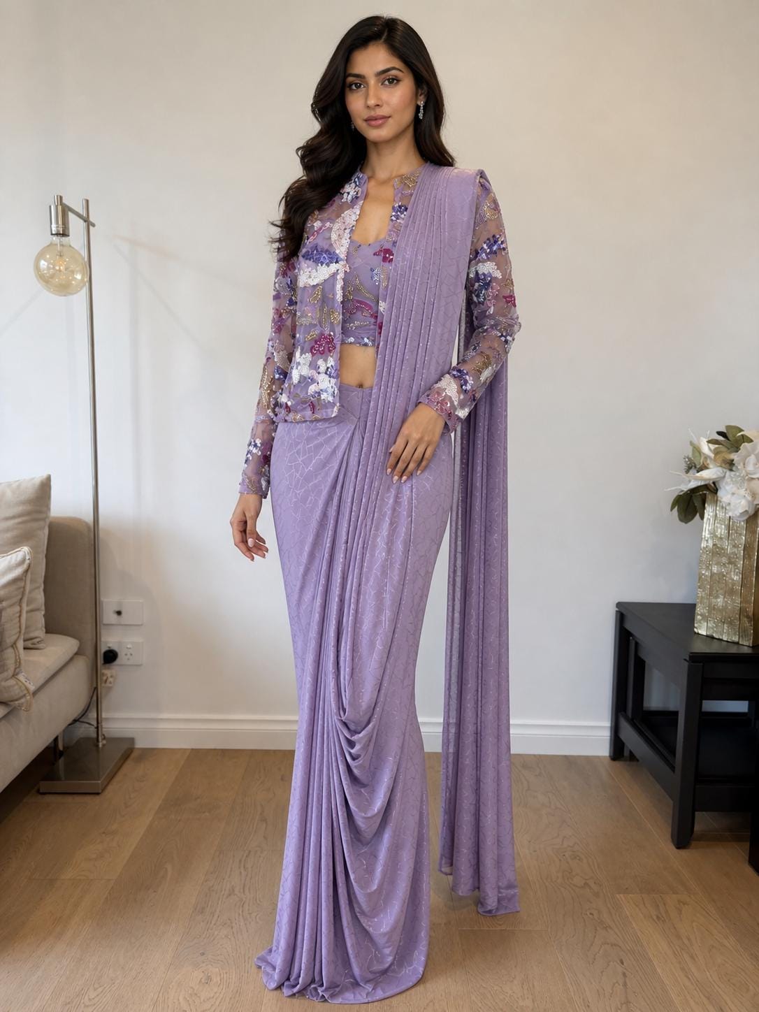 Dusty Lavender Pre-Draped Saree Set