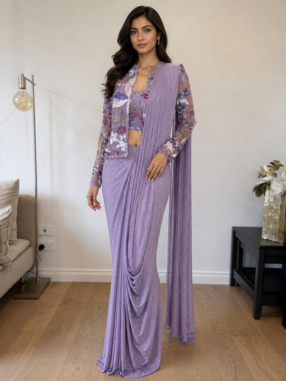 Dusty Lavender Pre-Draped Saree Set