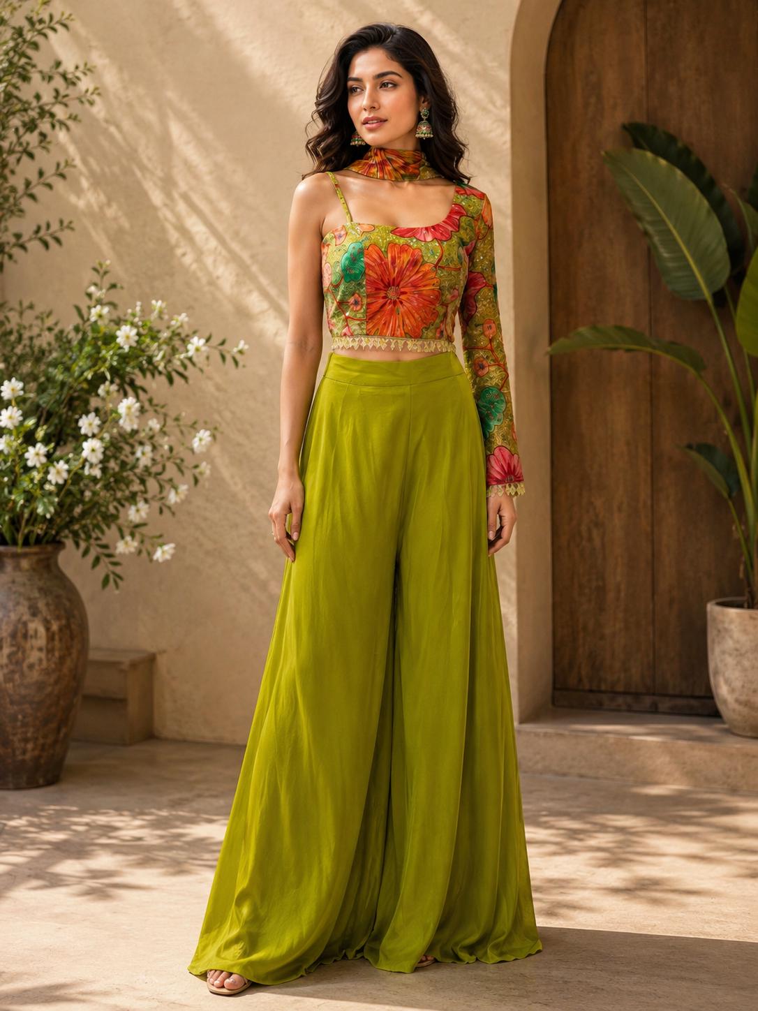 Bright Parrot Green Indo Western Palazzo Set