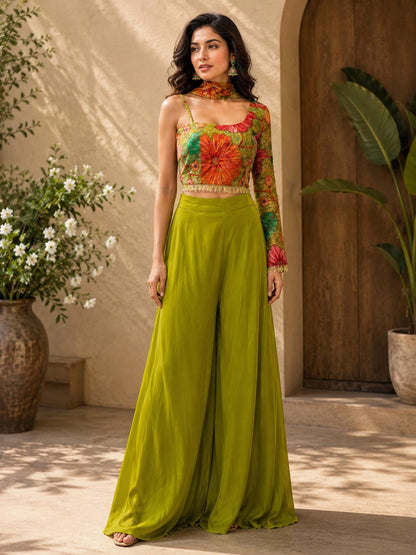 Bright Parrot Green Indo Western Palazzo Set
