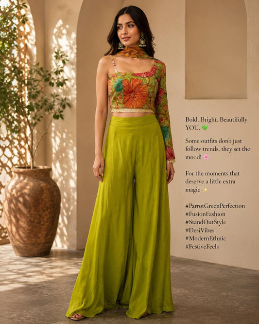 Bright Parrot Green Indo Western Palazzo Set