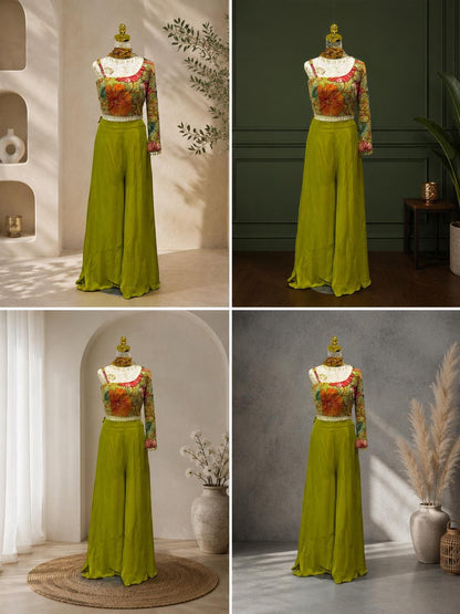 Bright Parrot Green Indo Western Palazzo Set