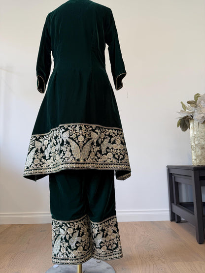 Emerald Green Velvet Kurta Set | Embroidered Pants | Festive Indo Western Wear