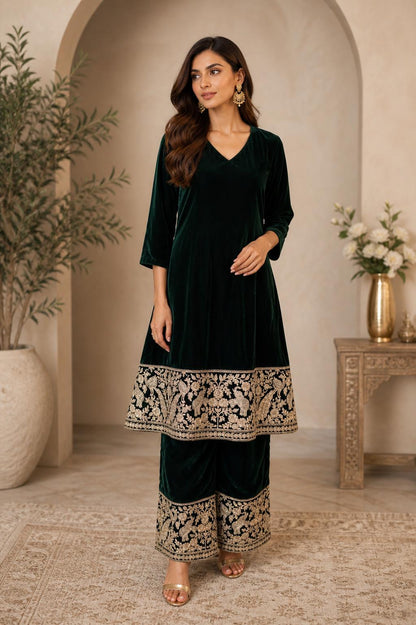 Emerald Green Velvet Kurta Set | Embroidered Pants | Festive Indo Western Wear