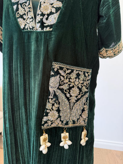 Emerald Green Velvet Choga Kaftan Dress