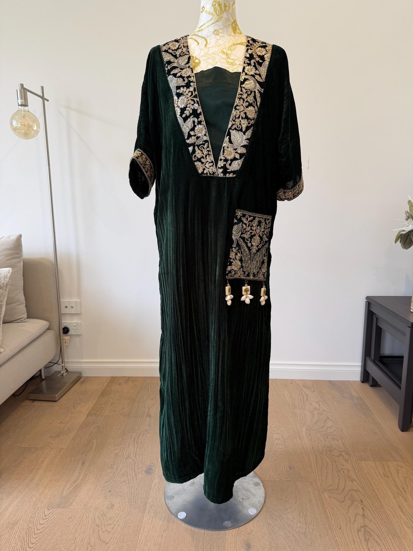 Emerald Green Velvet Choga Kaftan Dress