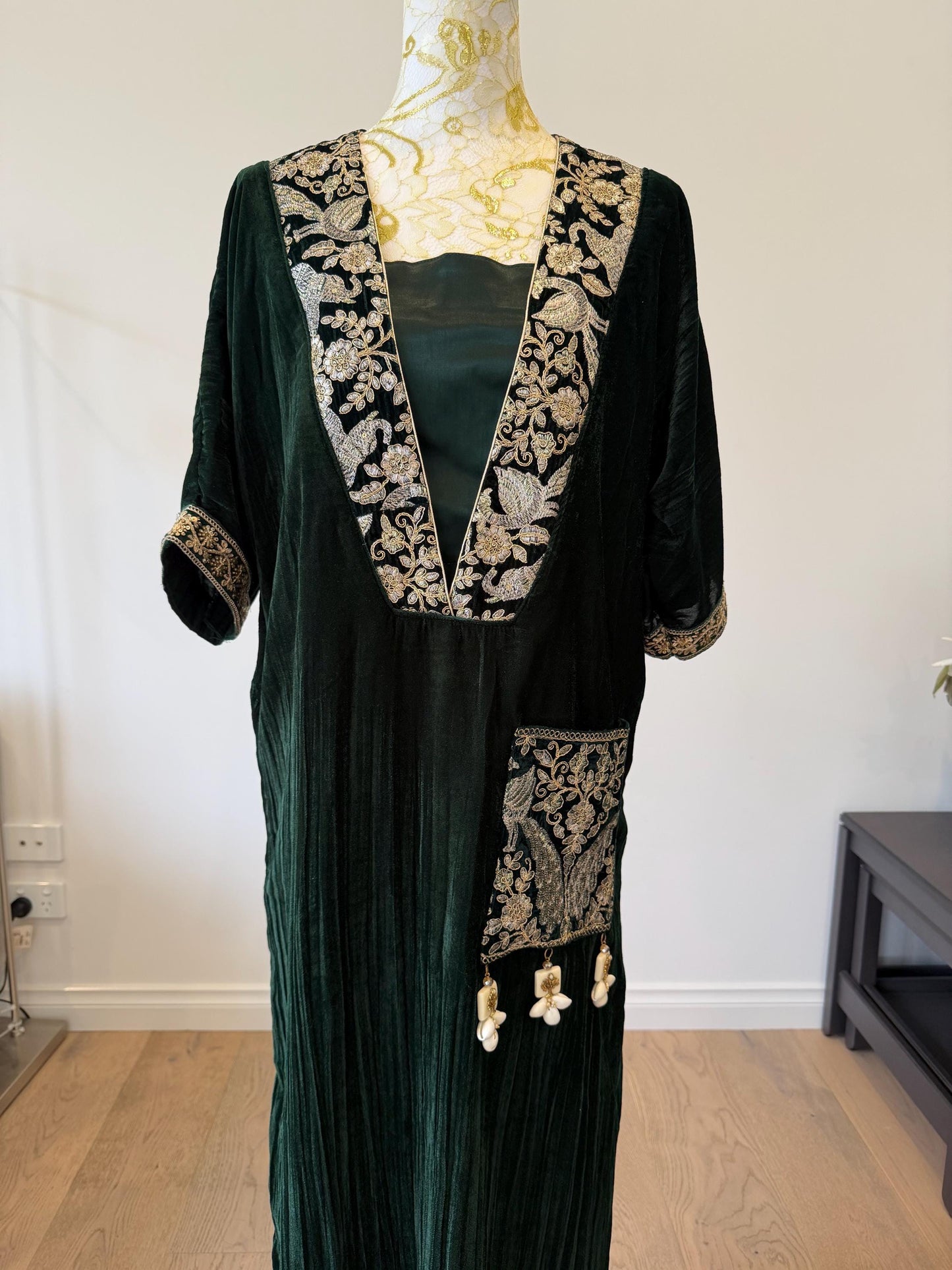 Emerald Green Velvet Choga Kaftan Dress