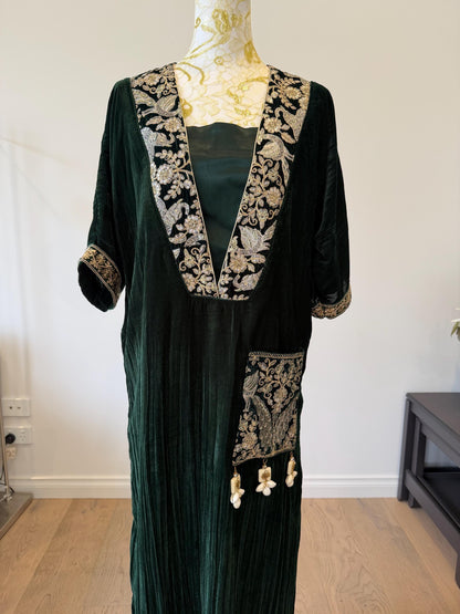 Emerald Green Velvet Choga Kaftan Dress