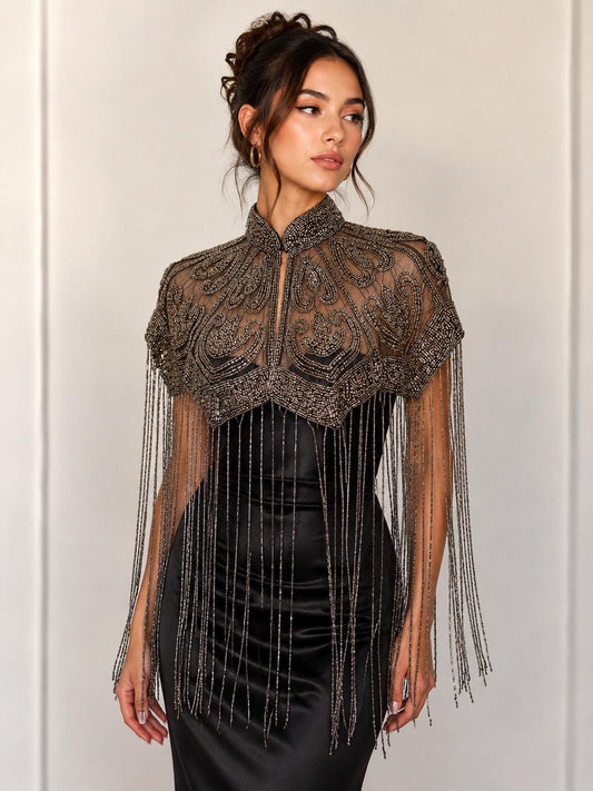 Gunmetal Beaded Fringe Capelet