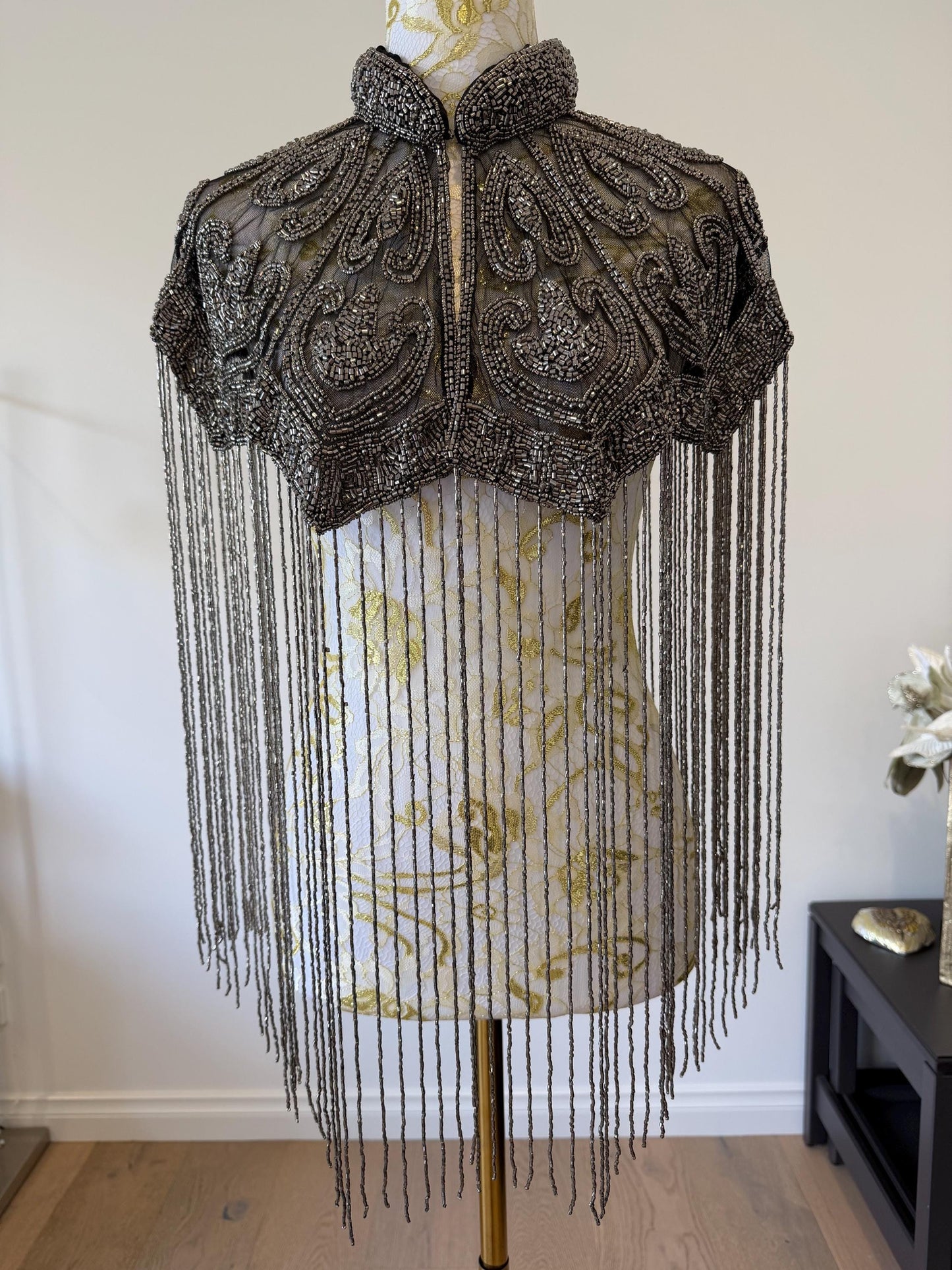 Gunmetal Beaded Fringe Capelet