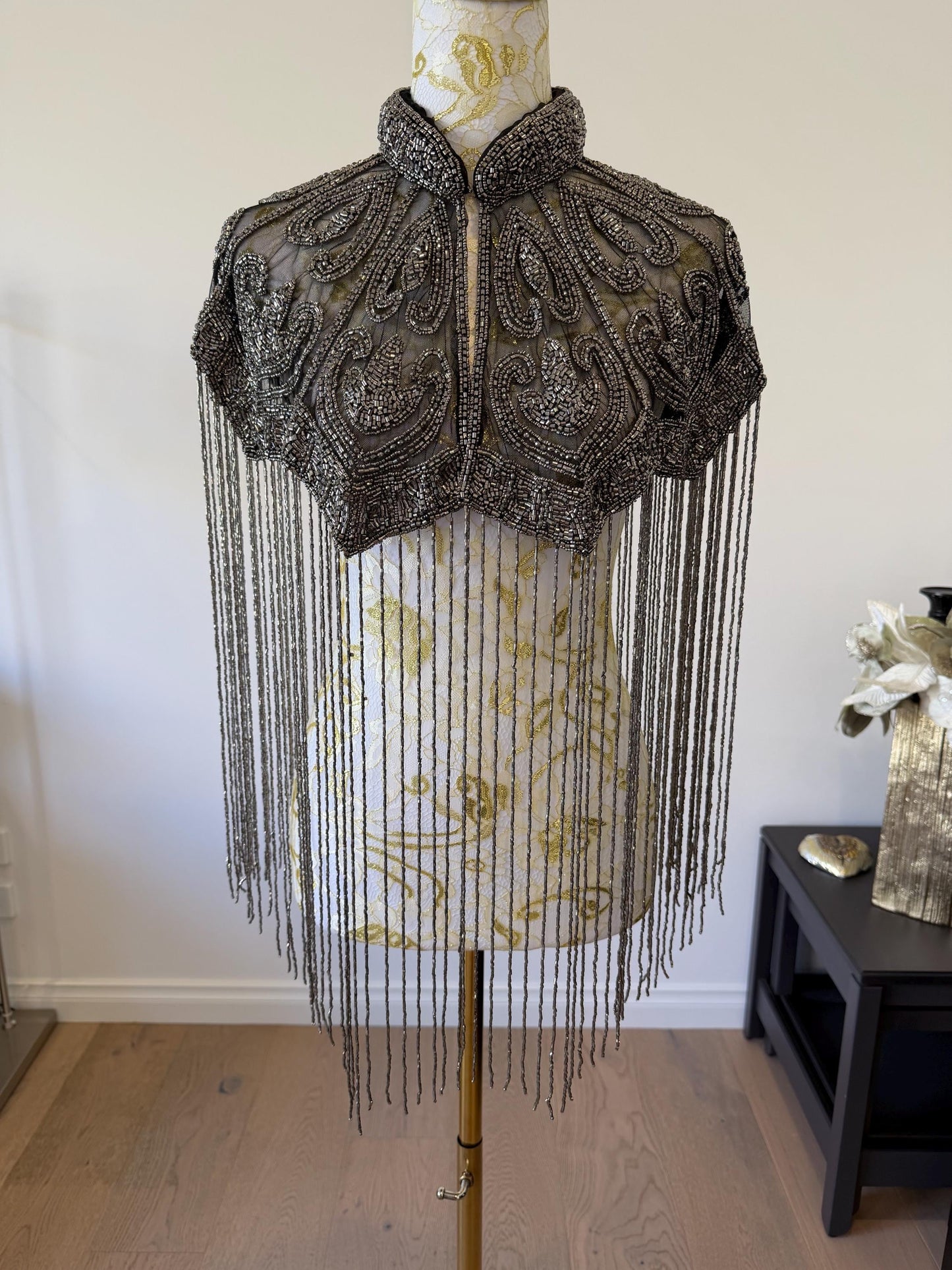 Gunmetal Beaded Fringe Capelet