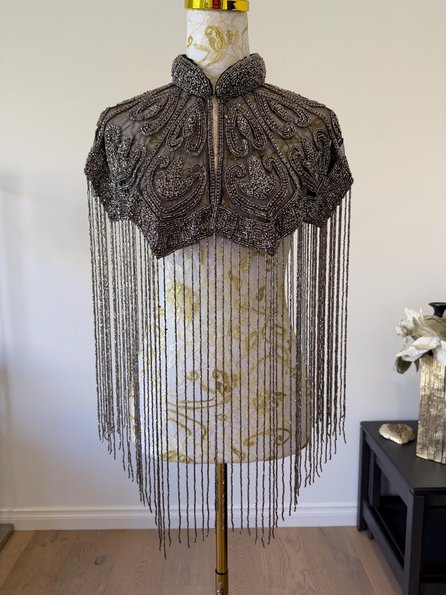Gunmetal Beaded Fringe Capelet