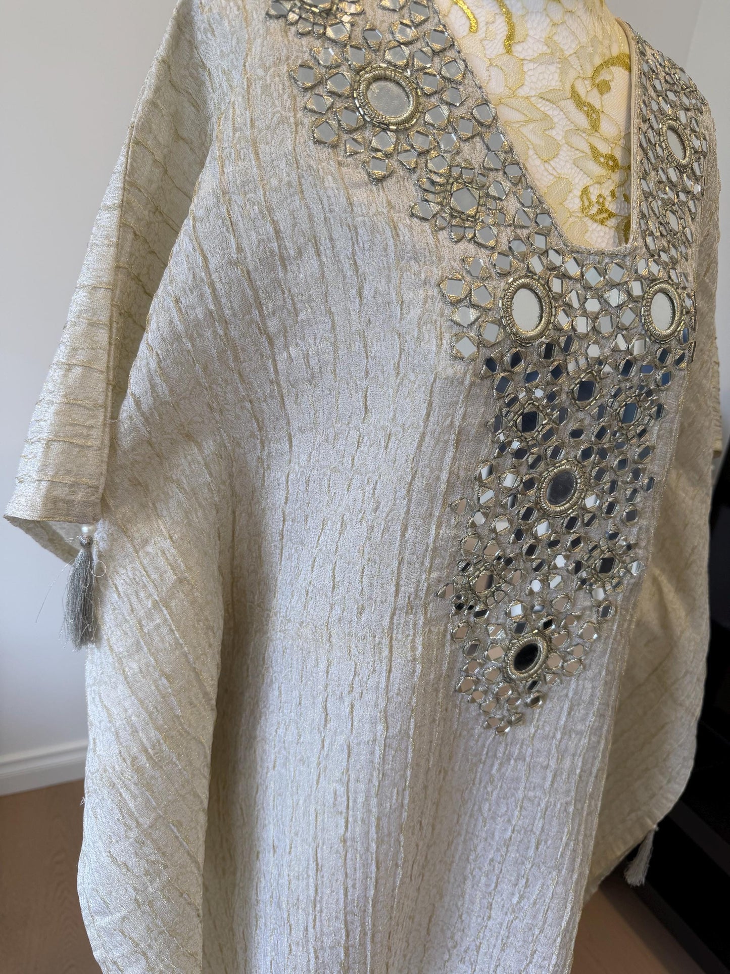 Ivory Gold Crush tissue Kaftan with Real Mirror Work