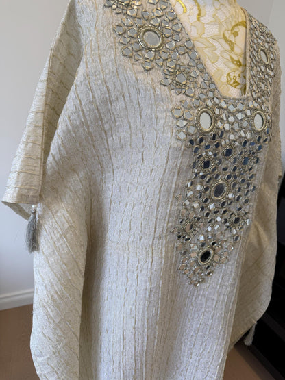 Ivory Gold Crush tissue Kaftan with Real Mirror Work