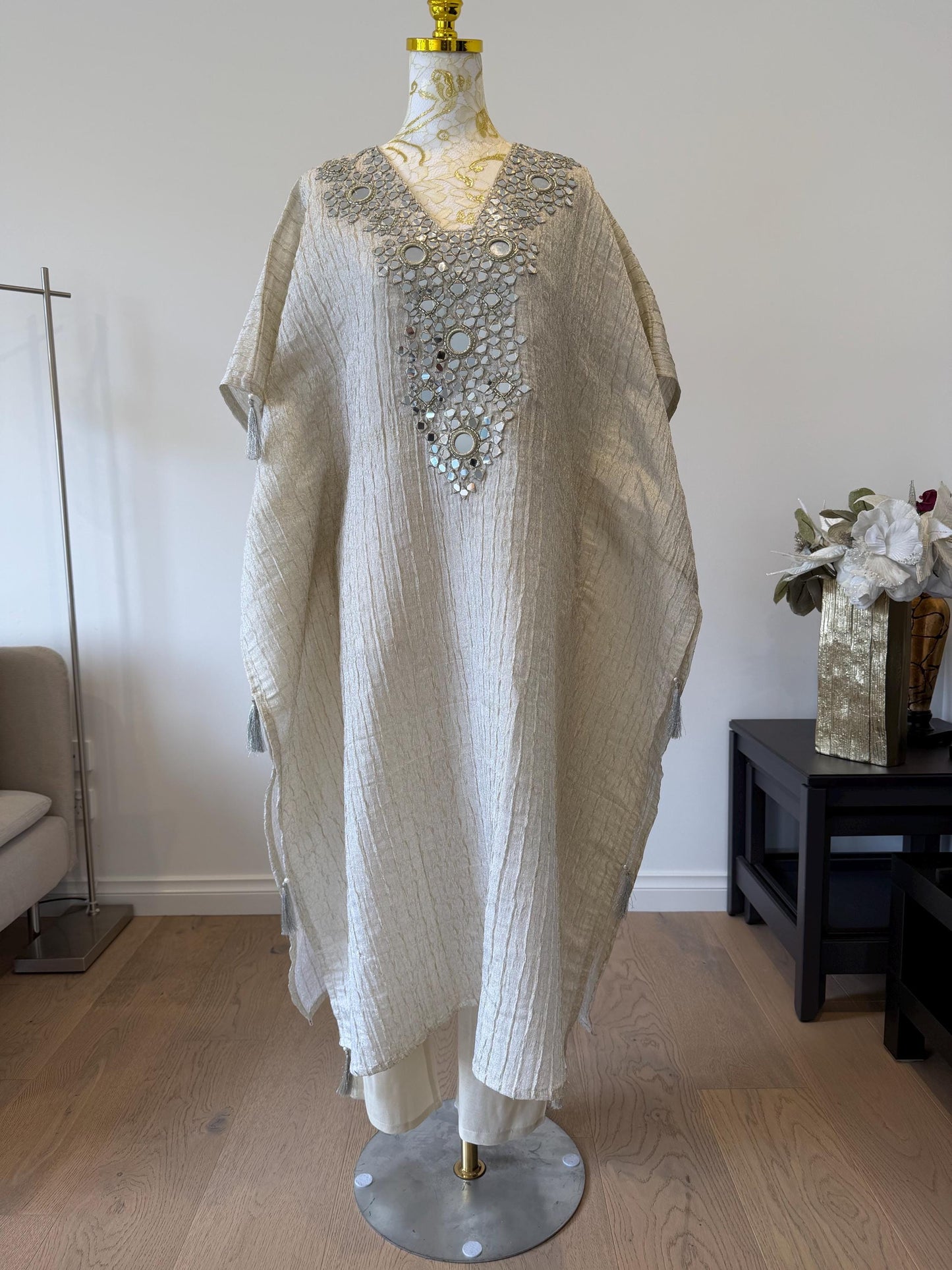 Ivory Gold Crush tissue Kaftan with Real Mirror Work
