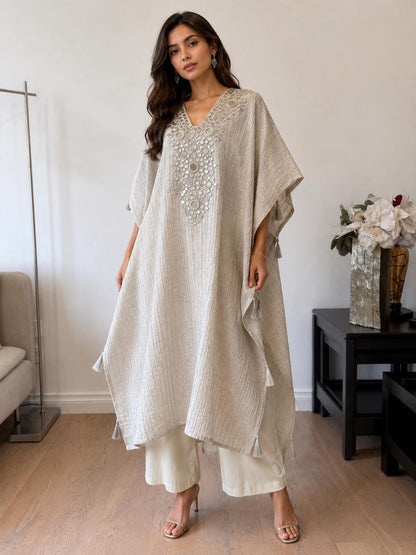 Ivory Gold Crush tissue Kaftan with Real Mirror Work