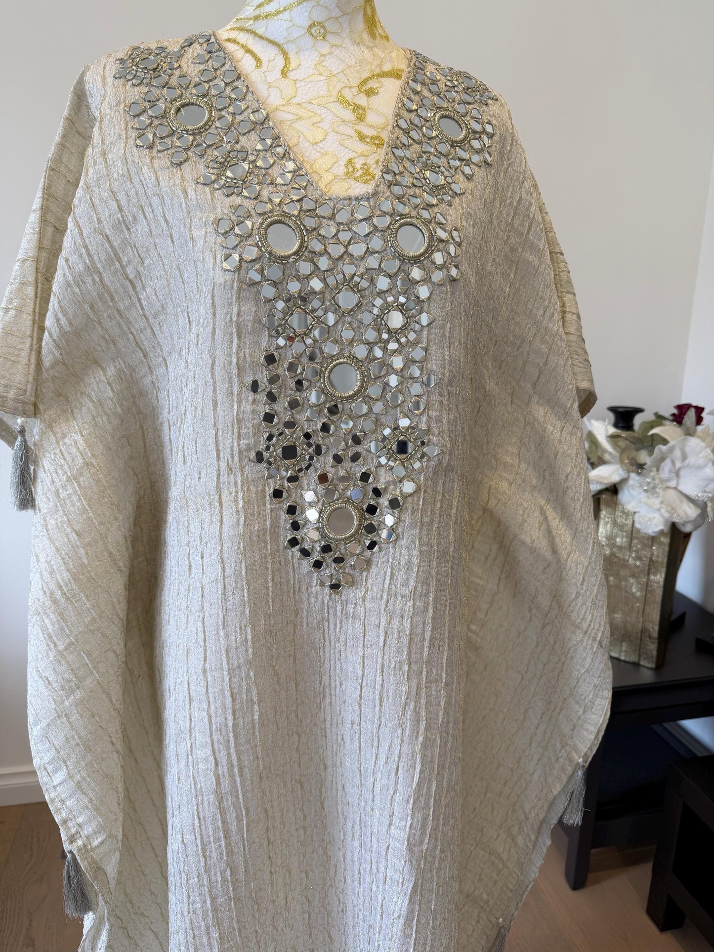 Ivory Gold Crush tissue Kaftan with Real Mirror Work