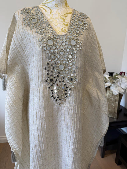 Ivory Gold Crush tissue Kaftan with Real Mirror Work
