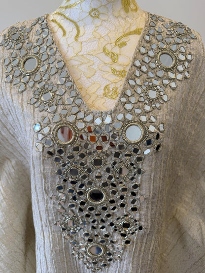 Ivory Gold Crush tissue Kaftan with Real Mirror Work