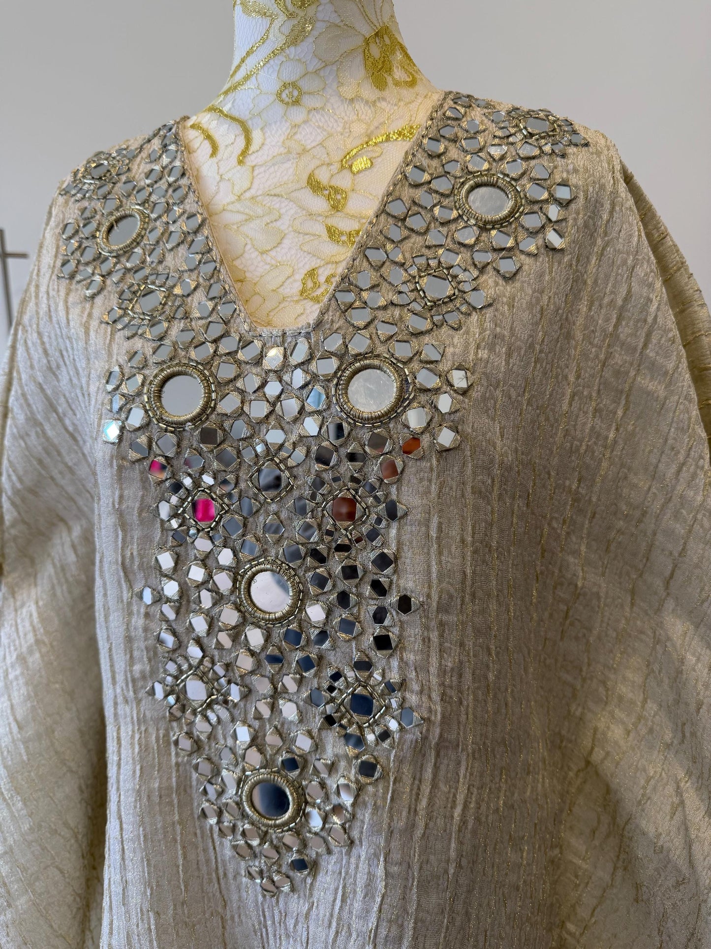 Ivory Gold Crush tissue Kaftan with Real Mirror Work