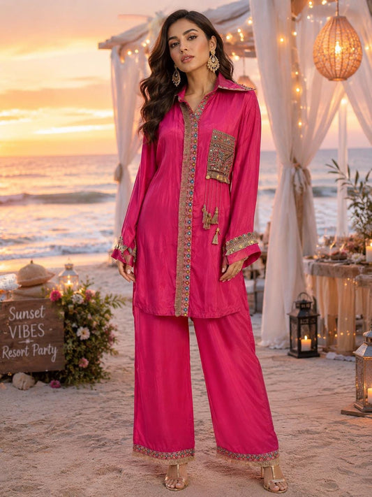 Pink Silk Boho Coord Set | Mirror Work Embroidered Indo Western Outfit