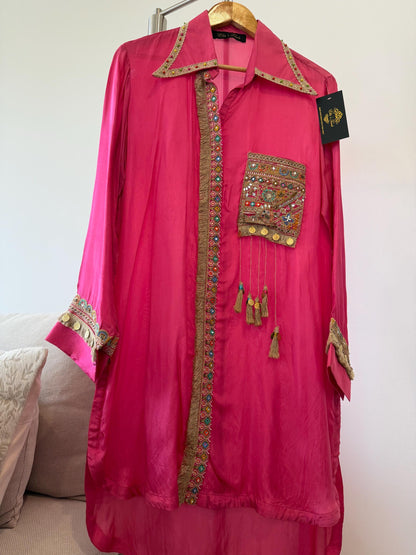 Pink Silk Boho Coord Set | Mirror Work Embroidered Indo Western Outfit