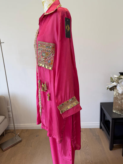 Pink Silk Boho Coord Set | Mirror Work Embroidered Indo Western Outfit