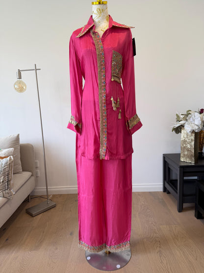 Pink Silk Boho Coord Set | Mirror Work Embroidered Indo Western Outfit