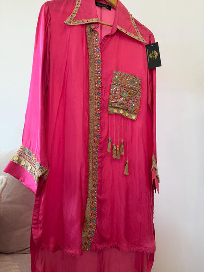 Pink Silk Boho Coord Set | Mirror Work Embroidered Indo Western Outfit