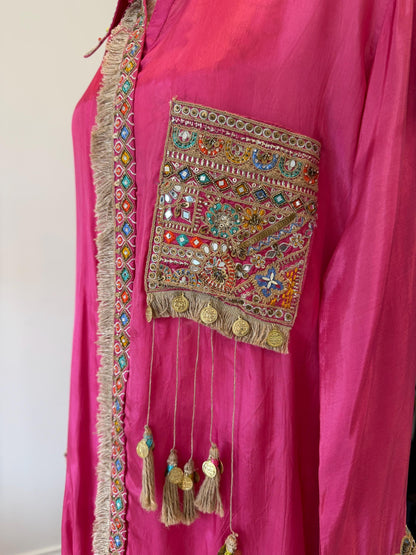 Pink Silk Boho Coord Set | Mirror Work Embroidered Indo Western Outfit
