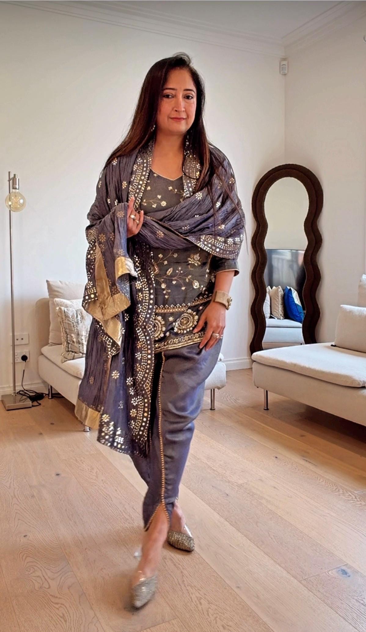 Bluish Grey Short Kurti Set with Tulip Pants & Dupatta