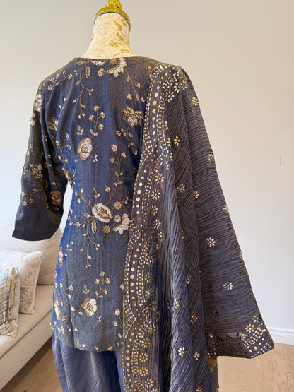 Bluish Grey Short Kurti Set with Tulip Pants & Dupatta