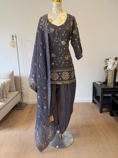 Bluish Grey Short Kurti Set with Tulip Pants & Dupatta