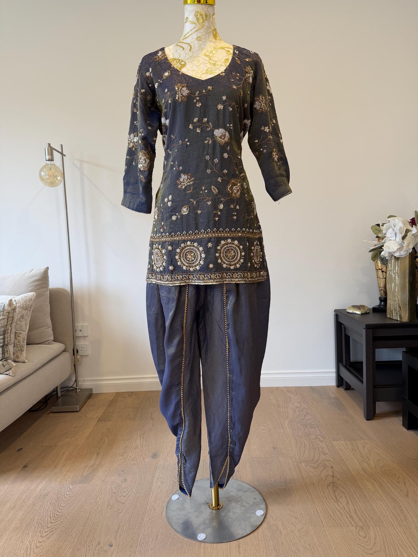 Bluish Grey Short Kurti Set with Tulip Pants & Dupatta