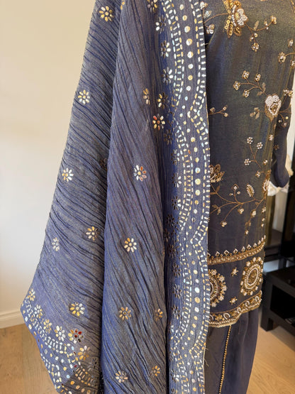 Bluish Grey Short Kurti Set with Tulip Pants & Dupatta