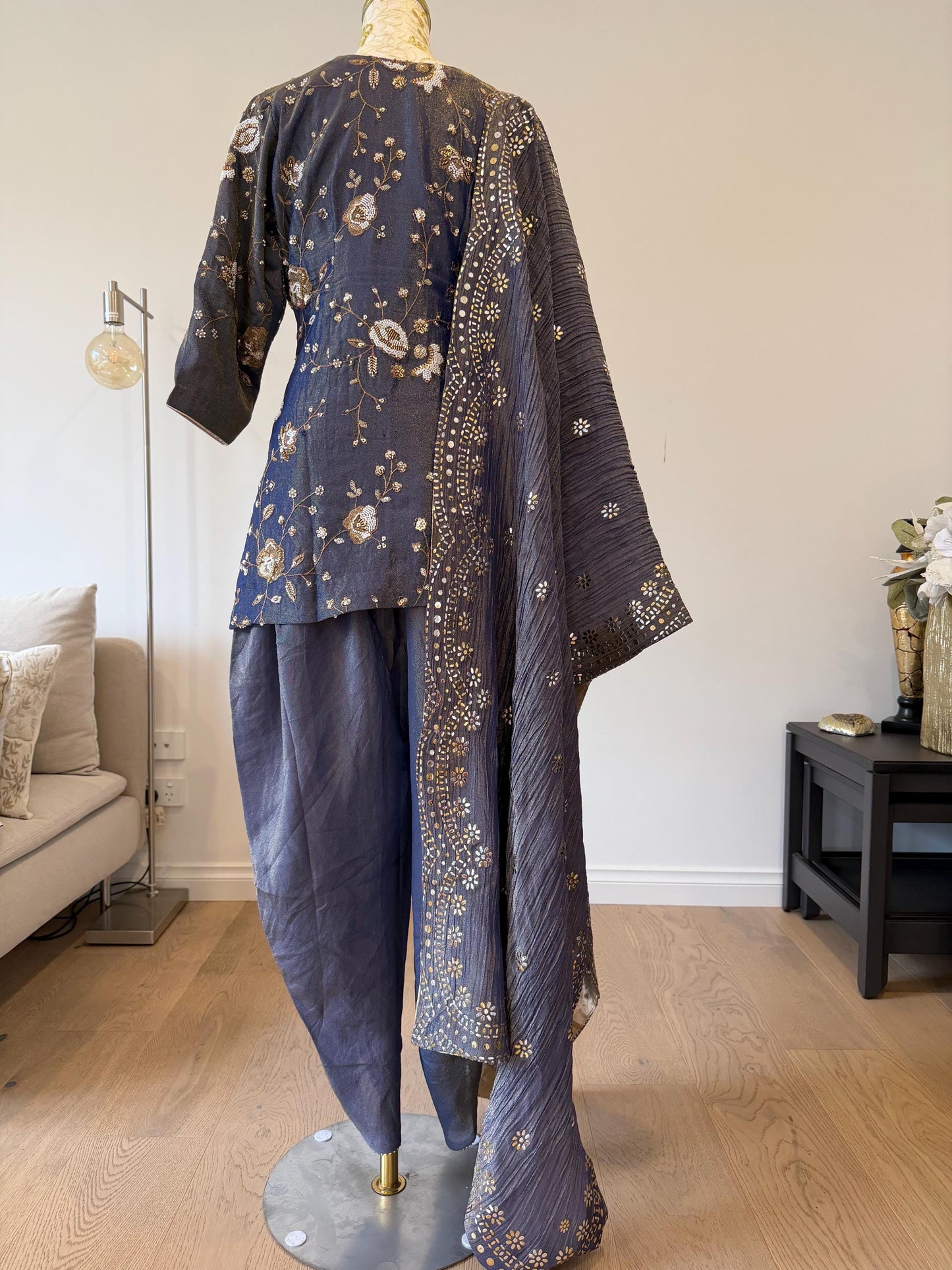 Bluish Grey Short Kurti Set with Tulip Pants & Dupatta