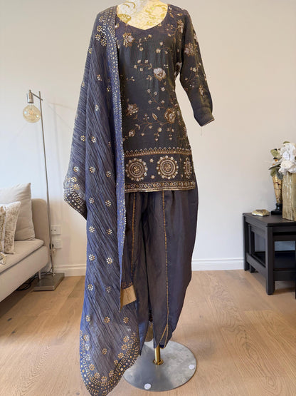 Bluish Grey Short Kurti Set with Tulip Pants & Dupatta