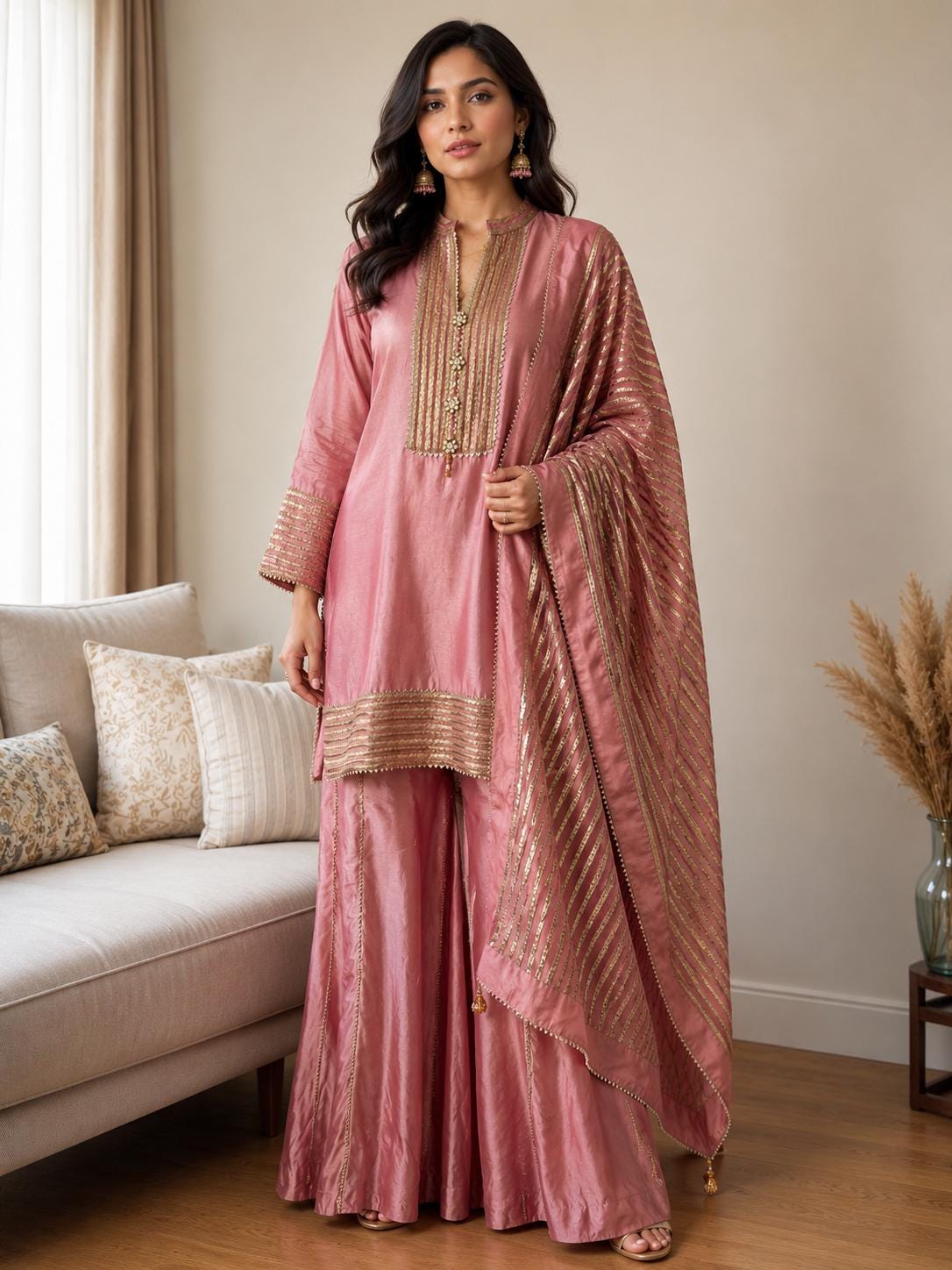 Dusty Pink Mul Chanderi Sharara Set with Statement Dupatta