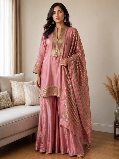 Dusty Pink Mul Chanderi Sharara Set with Statement Dupatta
