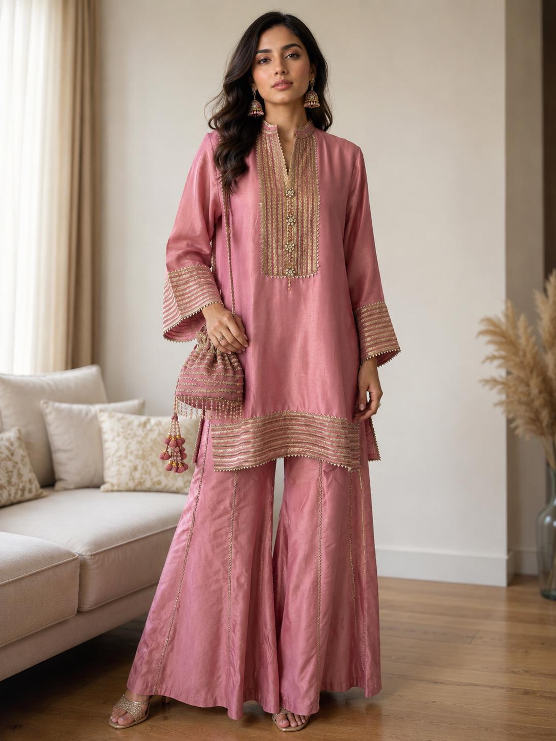 Dusty Pink Mul Chanderi Sharara Set with Statement Dupatta