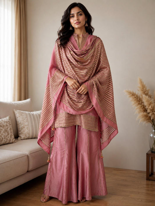 Dusty Pink Mul Chanderi Sharara Set with Statement Dupatta