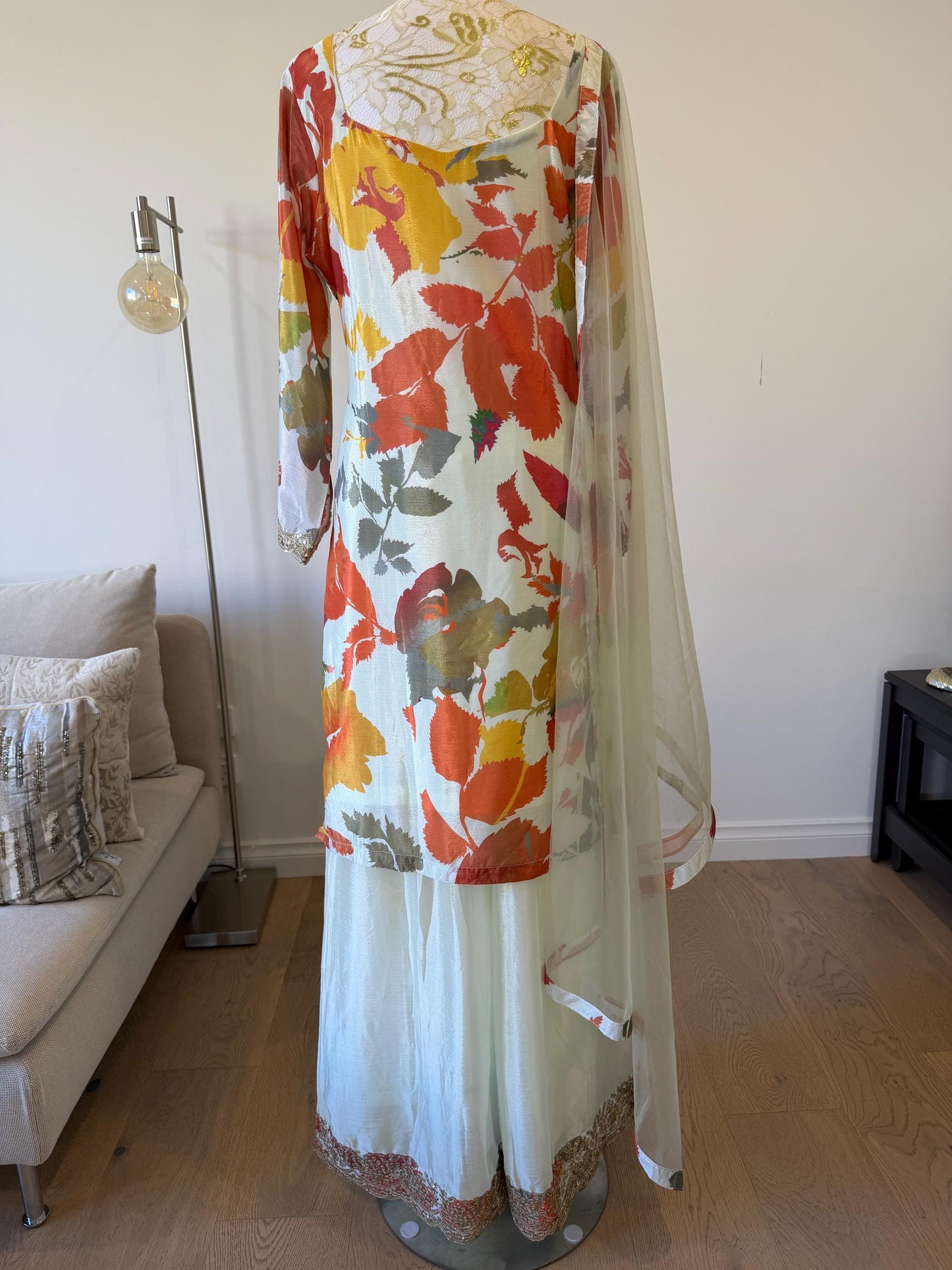Floral Digital Print Chinon Sharara Suit with Mirror & Embroidery Work